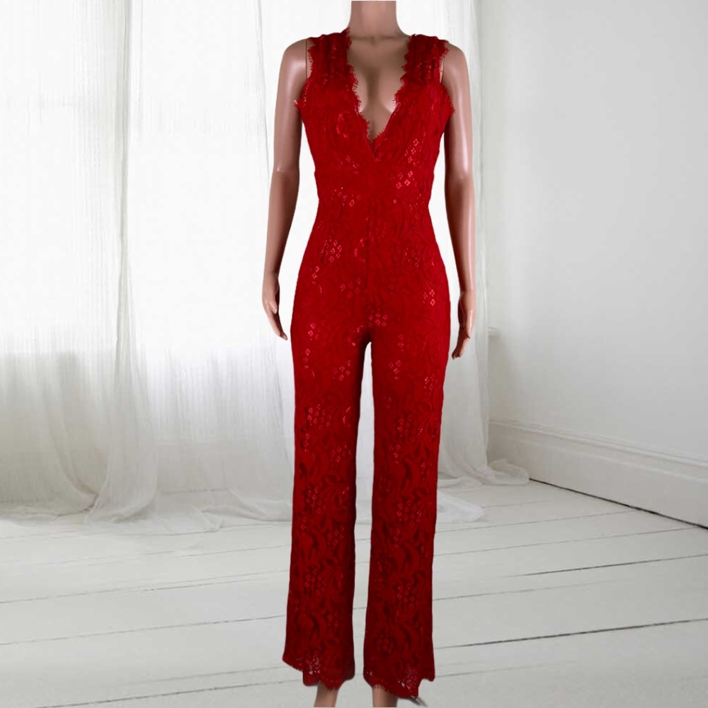 INA Red Lace Deep V Jumpsuit